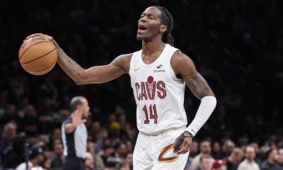 Cleveland Cavaliers guard Keon Ellis (14) reacts after getting called for a foul in the second quarter against the Brooklyn Nets at Barclays Center.