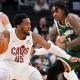 Cleveland Cavaliers guard Donovan Mitchell (45) drives against Milwaukee Bucks guard/forward Kevin Porter Jr. (7) in the second half at Fiserv Forum