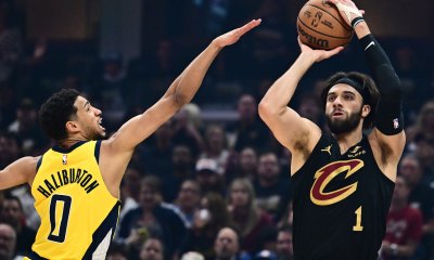 Cleveland Cavaliers guard Max Strus (1) shoots over the defense of Indiana Pacers guard Tyrese Haliburton (0) during the first quarter of game five of the second round for the 2025 NBA Playoffs at Rocket Arena.