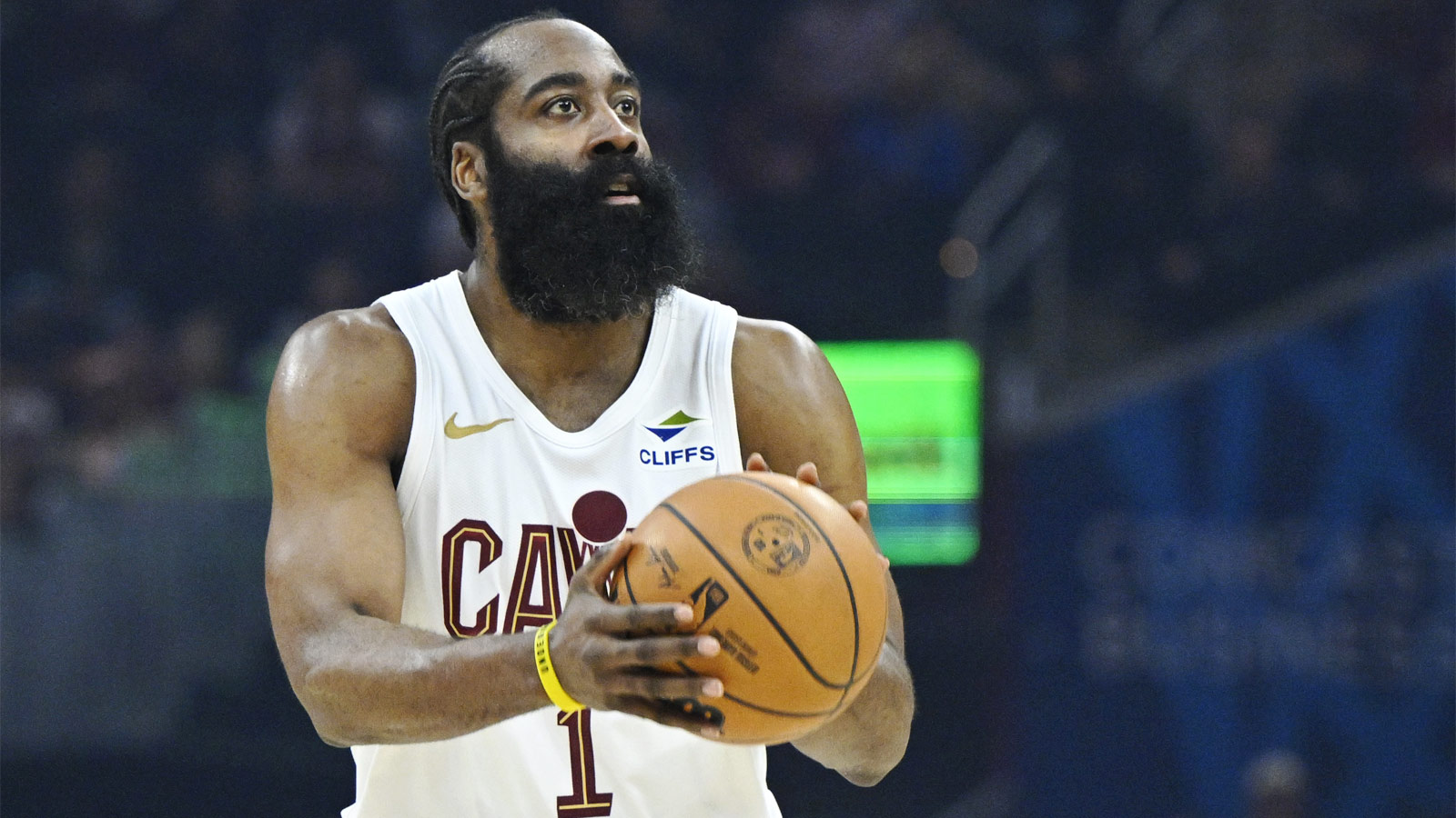 Cavaliers guard James Harden (1) looks to shoot in the third quarter against the Atlanta Hawks at Rocket Arena