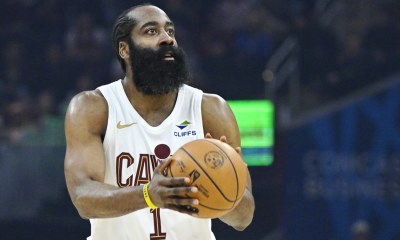 Cavaliers guard James Harden (1) looks to shoot in the third quarter against the Atlanta Hawks at Rocket Arena