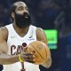Cavaliers guard James Harden (1) looks to shoot in the third quarter against the Atlanta Hawks at Rocket Arena