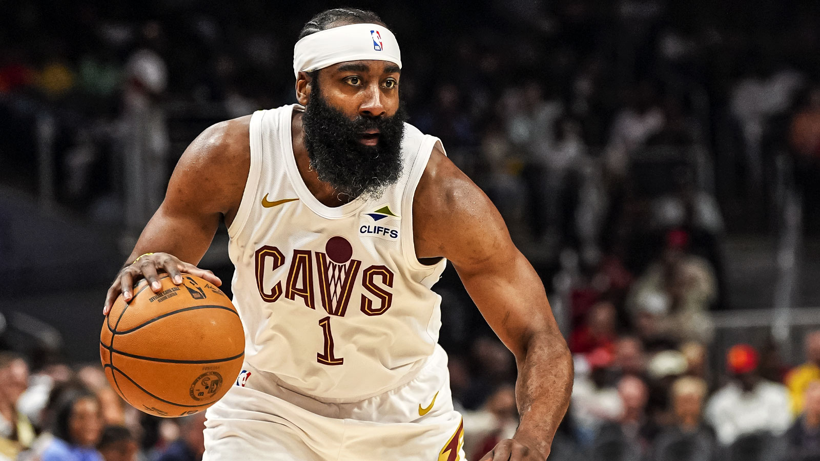Cavaliers guard James Harden (1) controls the ball against the Atlanta Hawks during the second half at State Farm Arena