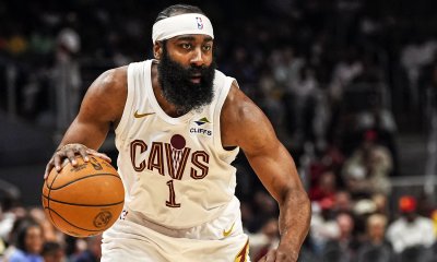 Cavaliers guard James Harden (1) controls the ball against the Atlanta Hawks during the second half at State Farm Arena
