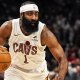 Cavaliers guard James Harden (1) controls the ball against the Atlanta Hawks during the second half at State Farm Arena