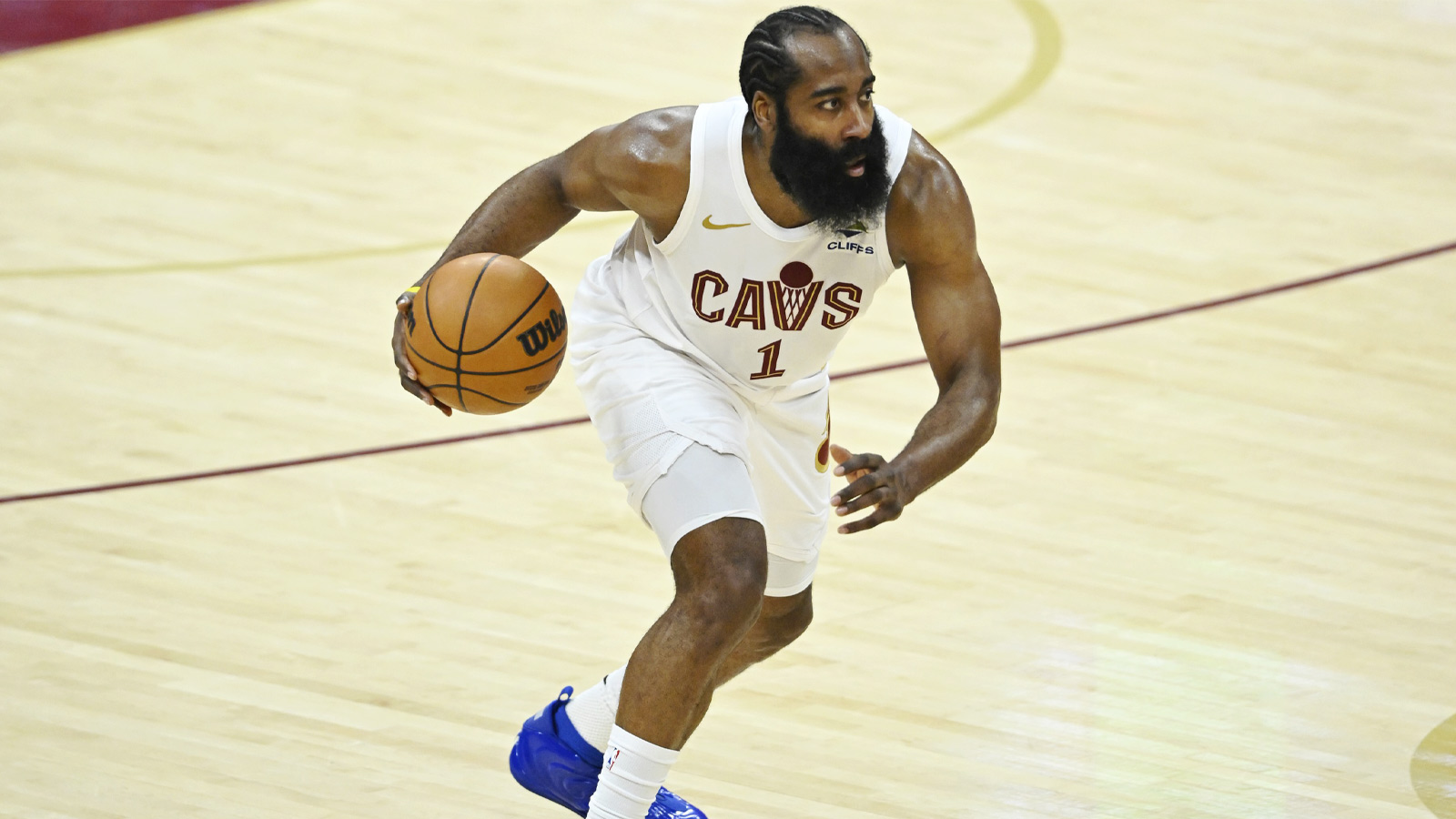 Cavs guard James Harden (1) brings the ball up court in the fourth quarter against the Atlanta Hawks at Rocket Arena