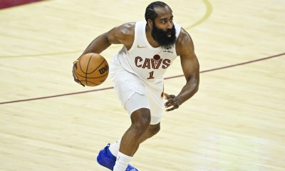 Cavs guard James Harden (1) brings the ball up court in the fourth quarter against the Atlanta Hawks at Rocket Arena
