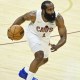 Cavs guard James Harden (1) brings the ball up court in the fourth quarter against the Atlanta Hawks at Rocket Arena