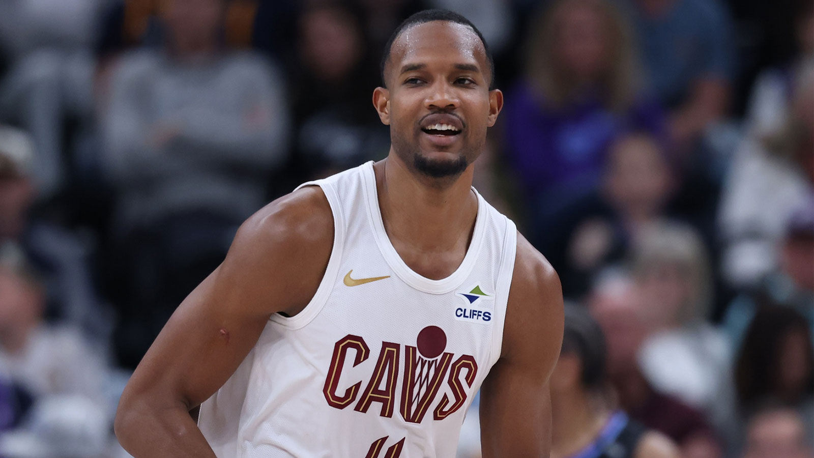 Cleveland Cavaliers center Evan Mobley (4) reacts after a play against the Utah Jazz during the first half at Delta Center.