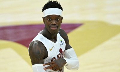 Cleveland Cavaliers guard Dennis Schroder (8) celebrates his three-point basket against the Toronto Raptors in the fourth quarter of game five of the first round of the 2026 NBA Playoffs at Rocket Arena.