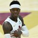 Cleveland Cavaliers guard Dennis Schroder (8) celebrates his three-point basket against the Toronto Raptors in the fourth quarter of game five of the first round of the 2026 NBA Playoffs at Rocket Arena.