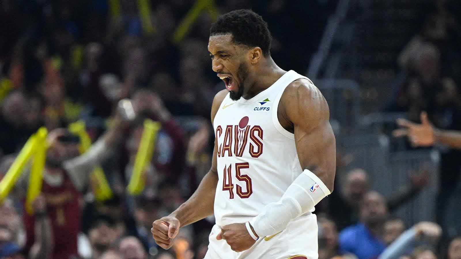 Cleveland Cavaliers guard Donovan Mitchell (45) celebrates in the third quarter against the Atlanta Hawks at Rocket Arena.