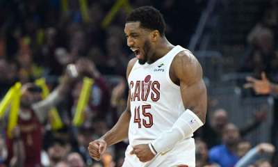 Cleveland Cavaliers guard Donovan Mitchell (45) celebrates in the third quarter against the Atlanta Hawks at Rocket Arena.