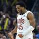 Cleveland Cavaliers guard Donovan Mitchell (45) celebrates in the third quarter against the Atlanta Hawks at Rocket Arena.