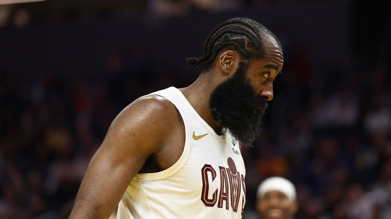 Cleveland Cavaliers guard James Harden (1) after a play against the Golden State Warriors during the fourth quarter at Chase Center.