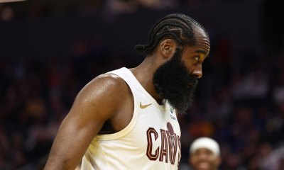 Cleveland Cavaliers guard James Harden (1) after a play against the Golden State Warriors during the fourth quarter at Chase Center.
