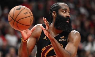 Cleveland Cavaliers guard James Harden (1) looks away while making a pass against the Toronto Raptors during game four of the first round of the 2026 NBA Playoffs at Scotiabank Arena.