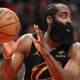 Cleveland Cavaliers guard James Harden (1) looks away while making a pass against the Toronto Raptors during game four of the first round of the 2026 NBA Playoffs at Scotiabank Arena.