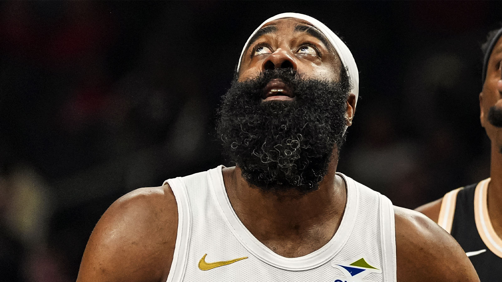 Cleveland Cavaliers guard James Harden (1) watches a shot against the Atlanta Hawks during the first half at State Farm Arena.