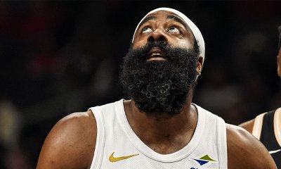 Cleveland Cavaliers guard James Harden (1) watches a shot against the Atlanta Hawks during the first half at State Farm Arena.