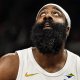 Cleveland Cavaliers guard James Harden (1) watches a shot against the Atlanta Hawks during the first half at State Farm Arena.