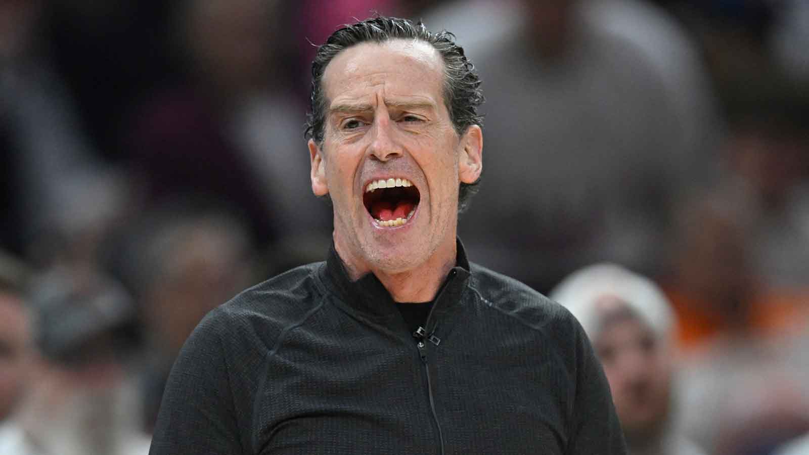 Cleveland Cavaliers head coach Kenny Atkinson reacts against the Toronto Raptors in the first quarter of game five of the first round of the 2026 NBA Playoffs at Rocket Arena.