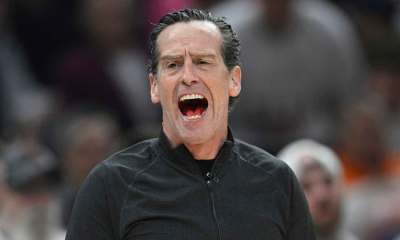Cleveland Cavaliers head coach Kenny Atkinson reacts against the Toronto Raptors in the first quarter of game five of the first round of the 2026 NBA Playoffs at Rocket Arena.