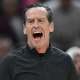 Cleveland Cavaliers head coach Kenny Atkinson reacts against the Toronto Raptors in the first quarter of game five of the first round of the 2026 NBA Playoffs at Rocket Arena.