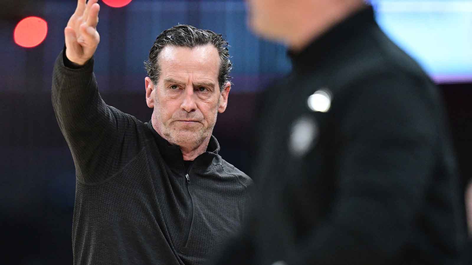 Cleveland Cavaliers head coach Kenny Atkinson calls a play during the second half during game two of the first round of the 2026 NBA Playoffs against the Toronto Raptors at Rocket Arena.