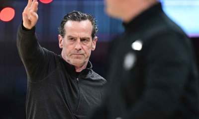 Cleveland Cavaliers head coach Kenny Atkinson calls a play during the second half during game two of the first round of the 2026 NBA Playoffs against the Toronto Raptors at Rocket Arena.
