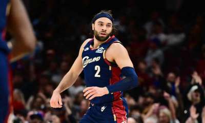 Cleveland Cavaliers guard Max Strus (2) celebrates after hitting a three point basket during the second half against the Miami Heat at Rocket Arena.