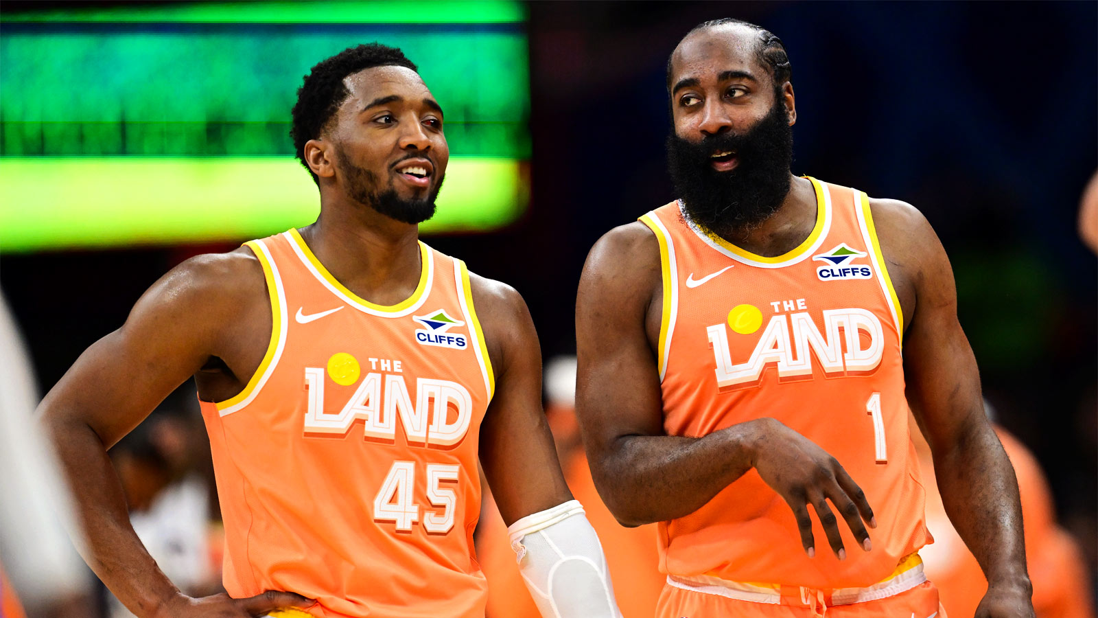 Cleveland Cavaliers guard Donovan Mitchell (45) and guard James Harden (1) talk during a free throw attempt during the second half against the Orlando Magic at Rocket Arena