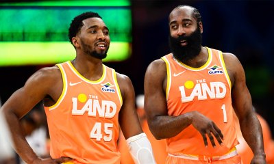 Cleveland Cavaliers guard Donovan Mitchell (45) and guard James Harden (1) talk during a free throw attempt during the second half against the Orlando Magic at Rocket Arena