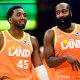 Cleveland Cavaliers guard Donovan Mitchell (45) and guard James Harden (1) talk during a free throw attempt during the second half against the Orlando Magic at Rocket Arena