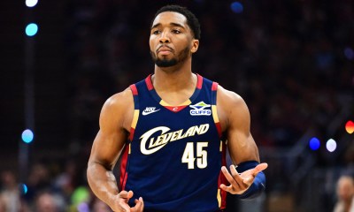 Cleveland Cavaliers guard Donovan Mitchell (45) celebrates after hitting a three point basket against the Toronto Raptors during the first half of game one in the first round of the 2026 NBA Playoffs at Rocket Arena.