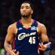 Cleveland Cavaliers guard Donovan Mitchell (45) celebrates after hitting a three point basket against the Toronto Raptors during the first half of game one in the first round of the 2026 NBA Playoffs at Rocket Arena.