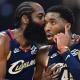 Cleveland Cavaliers guard Donovan Mitchell (45) talks with guard James Harden (1) during the first half during game two of the first round of the 2026 NBA Playoffs against the Toronto Raptors at Rocket Arena.