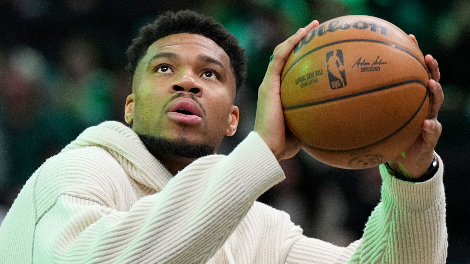 Bucks forward Giannis Antetokounmpo looks on after the game against the Philadelphia 76ers at Xfinity Mobile Arena