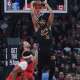 May 1, 2026; Toronto, Ontario, CAN; Cleveland Cavaliers center Jarrett Allen (31) scores a basket over Toronto Raptors center Jakob Poeltl (19) during the first quarter in game six of the first round of the 2026 NBA Playoffs at Scotiabank Arena.
