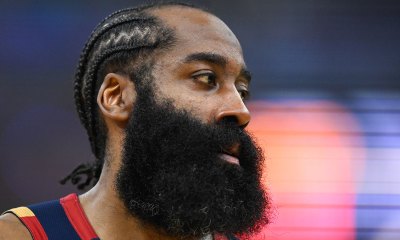 Cleveland Cavaliers guard James Harden (1) looks on in the third quarter against the New York Knicks during game three of the eastern conference finals for the 2026 NBA playoffs at Rocket Arena.