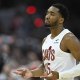 Cavs guard Donovan Mitchell (45) celebrates his three-point basket against the Toronto Raptors in the first quarter of game five of the first round of the 2026 NBA Playoffs at Rocket Arena