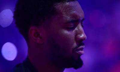 Cavs guard Donovan Mitchell (45) during the national anthem before game four of the eastern conference finals for the 2026 NBA playoffs against the New York Knicks at Rocket Arena