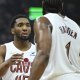 Cavaliers guard Donovan Mitchell (45) talks to guard James Harden (1) against the Toronto Raptors in the first quarter of game five of the first round of the 2026 NBA Playoffs at Rocket Arena