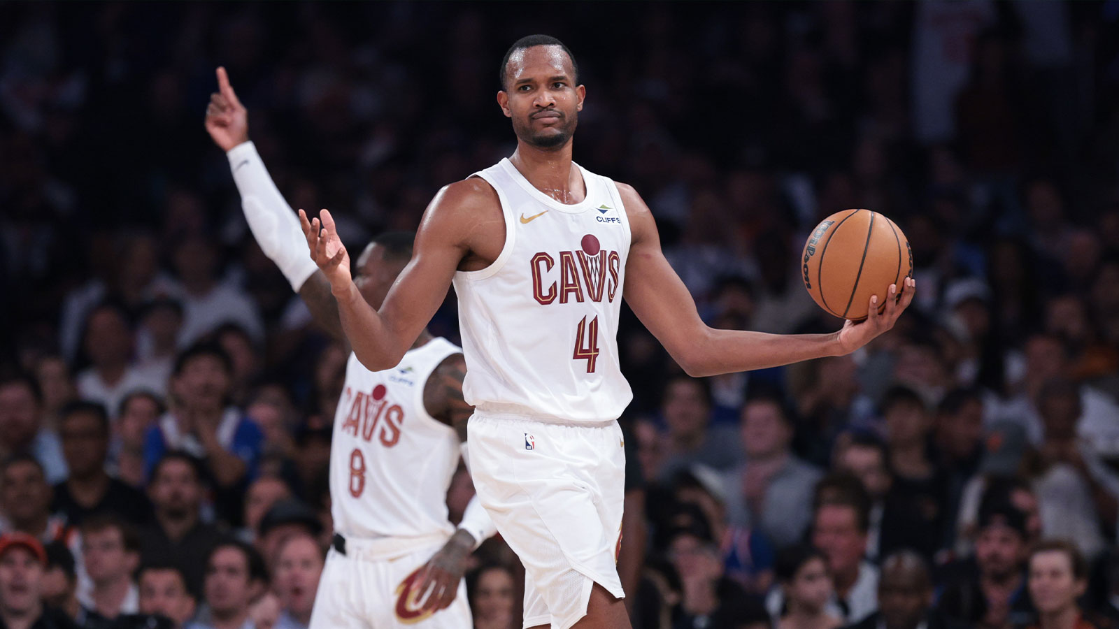 Cavaliers center Evan Mobley (4) reacts during the second quarter of the eastern conference finals of the 2026 NBA playoffs against the New York Knicks at Madison Square Garden
