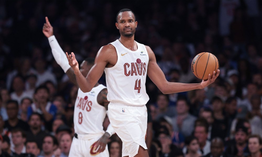 Cavaliers center Evan Mobley (4) reacts during the second quarter of the eastern conference finals of the 2026 NBA playoffs against the New York Knicks at Madison Square Garden