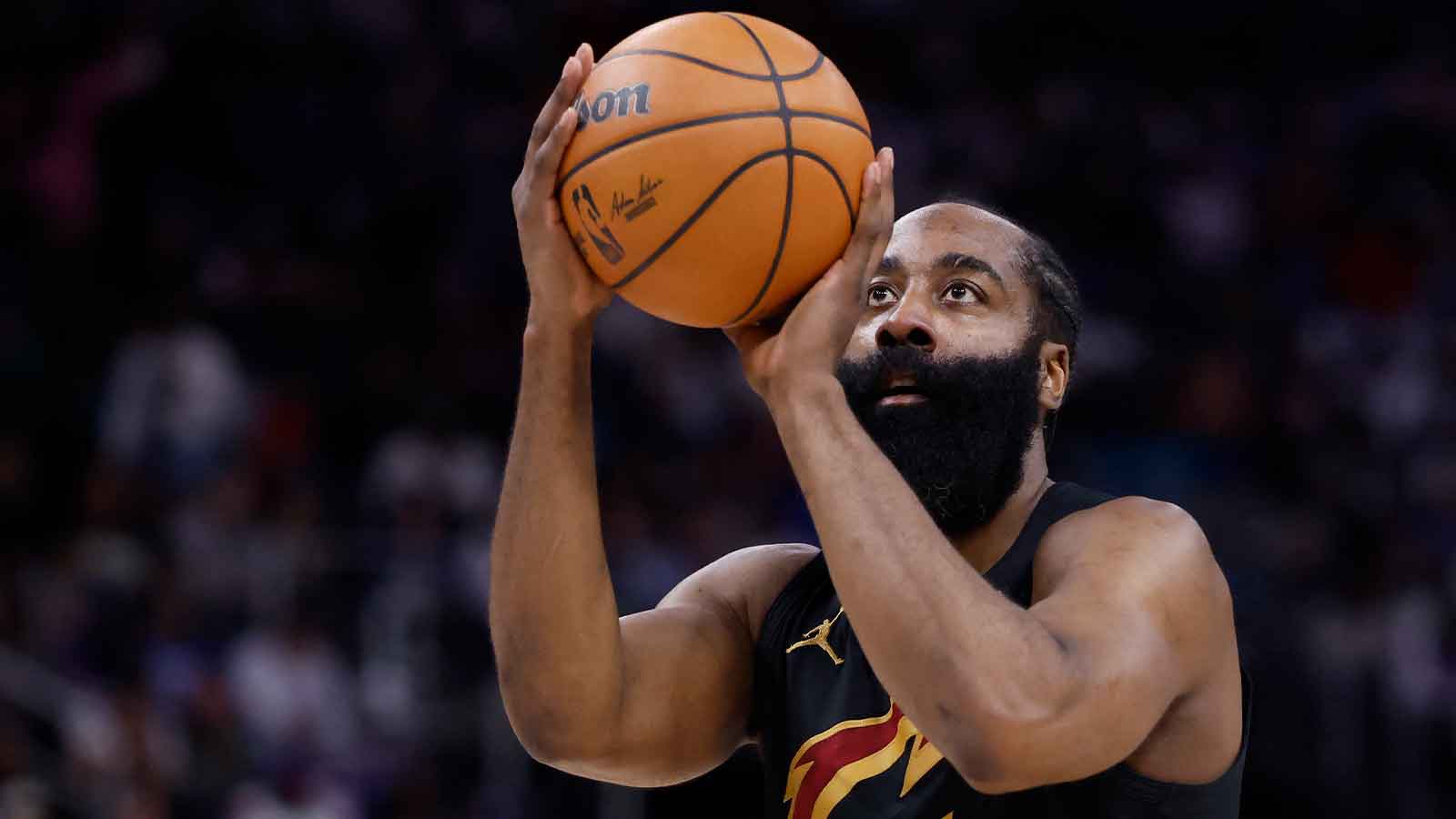 Cleveland Cavaliers guard James Harden (1) shoots in the first half against the Detroit Pistons during game two of the second round of the 2026 NBA Playoffs at Little Caesars Arena.