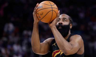 Cleveland Cavaliers guard James Harden (1) shoots in the first half against the Detroit Pistons during game two of the second round of the 2026 NBA Playoffs at Little Caesars Arena.