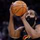Cleveland Cavaliers guard James Harden (1) shoots in the first half against the Detroit Pistons during game two of the second round of the 2026 NBA Playoffs at Little Caesars Arena.