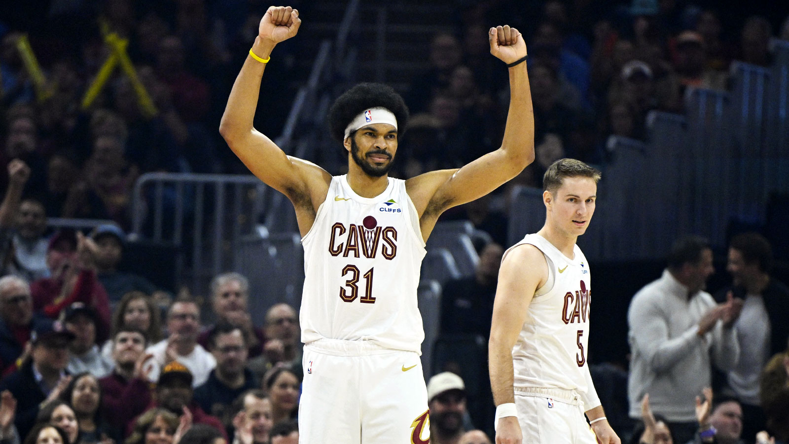 Cavaliers center Jarrett Allen (31) celebrates beside guard Sam Merrill (5) in the third quarter against the Atlanta Hawks at Rocket Arena