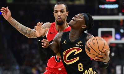 Cavs guard Dennis Schroder (8) drives to the basket